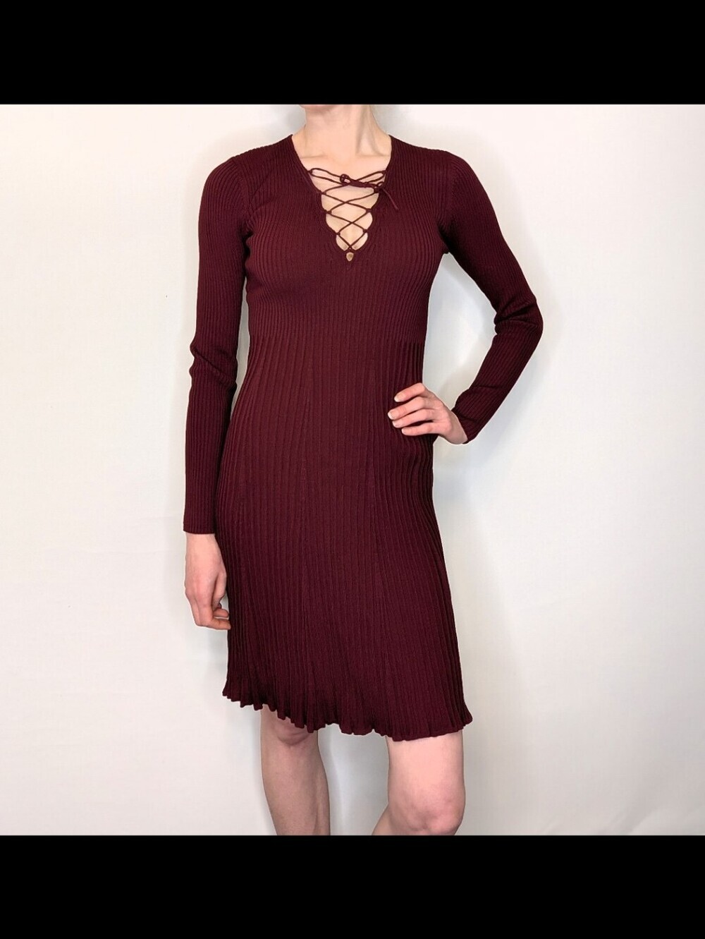 Sandro Maroon Ribbed Lace Up Long Sleeve Dress Size XS